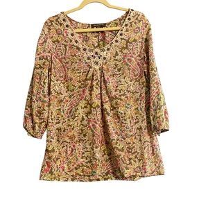 Tommy Bahama Pink Brown Paisley Floral Embroidered Bell Sleeve Blouse Tunic Sz M